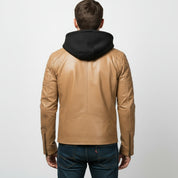 Men's Tan Hooded Leather Biker Jacket