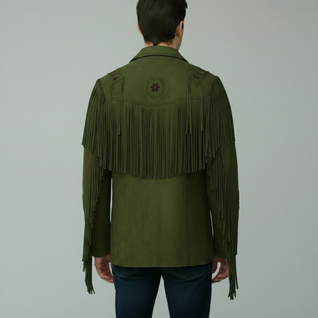 Men's Handmade Fringed Olive Green Suede Cowboy Jacket