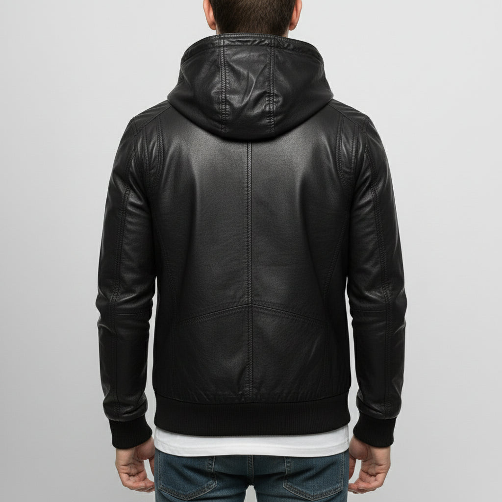 Men's Black Hooded Leather Biker Jacket