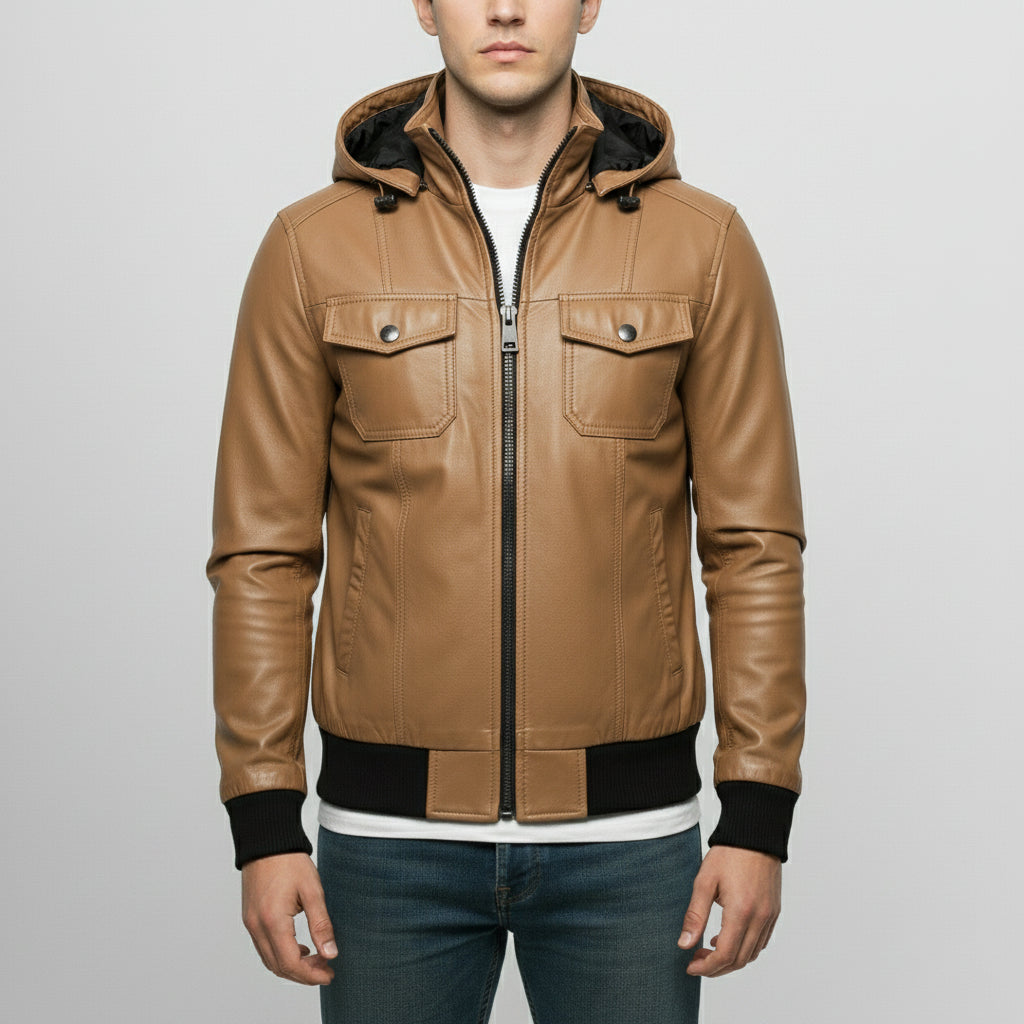 Men's Tan Hooded Leather Biker Jacket