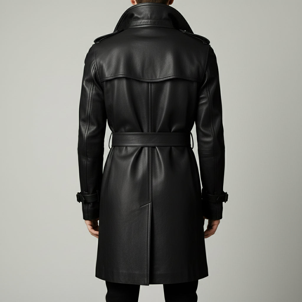 Men's Black Leather Trench Coat