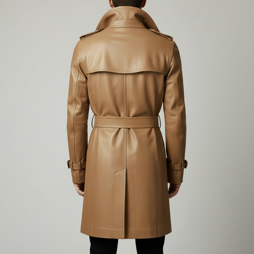 Men's Tan Leather Trench Coat
