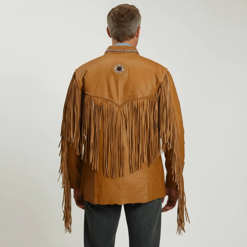 Men's Tan Fringe Leather Biker Jacket