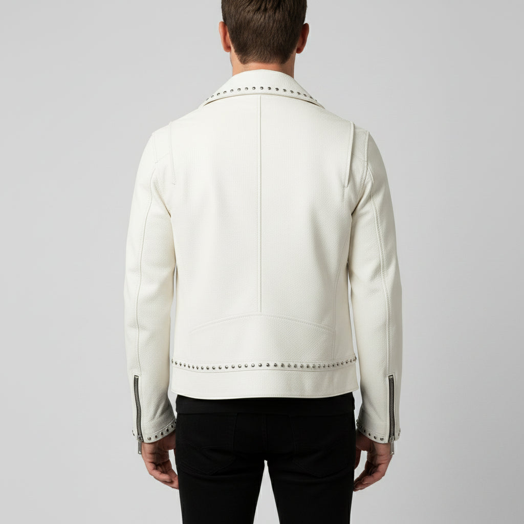 Men's Cream Studded Pebbled Leather Biker Jacket