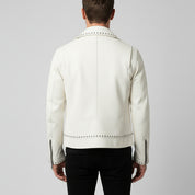 Men's Cream Studded Pebbled Leather Biker Jacket