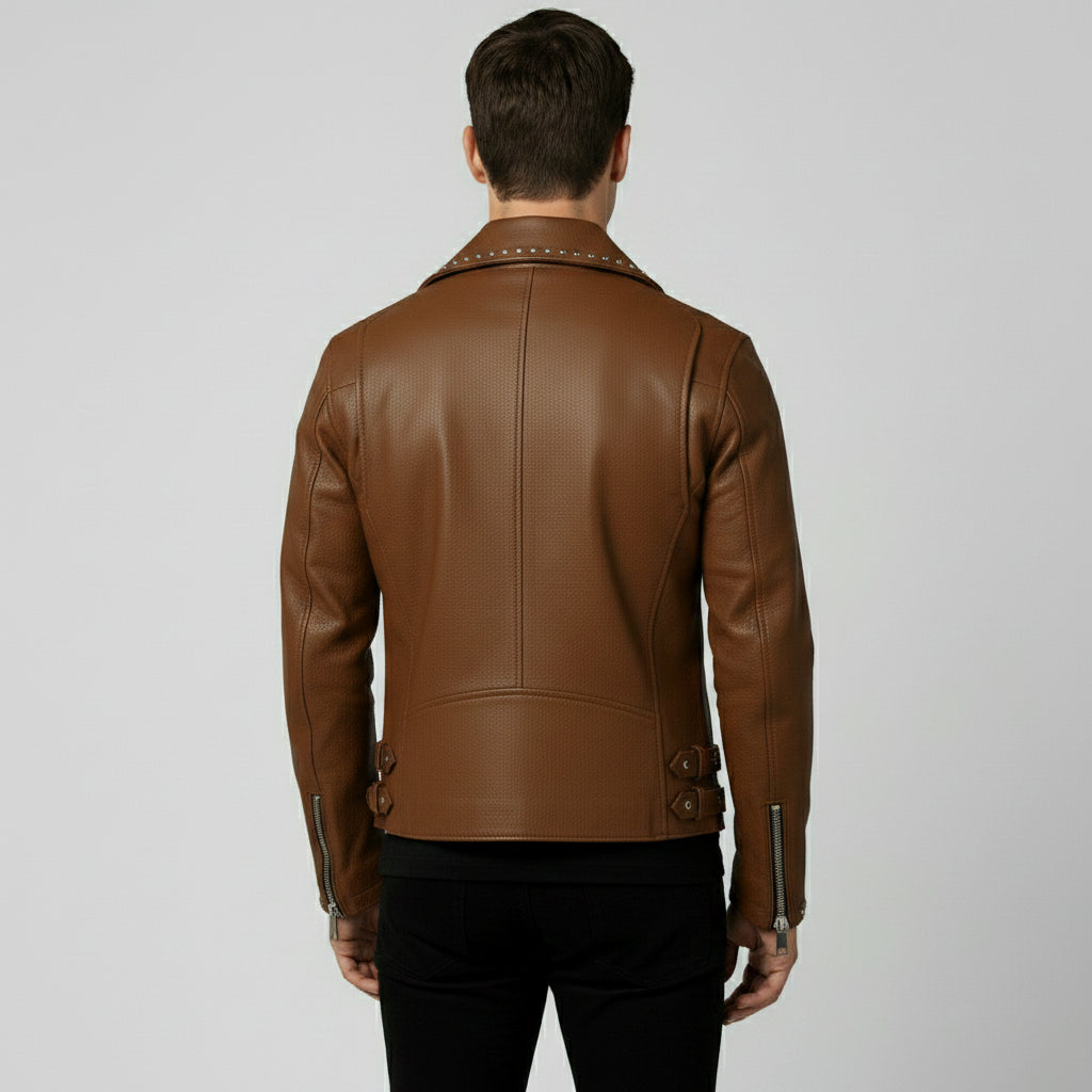 Men's Brown Studded Pebbled Leather Biker Jacket