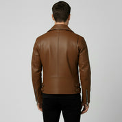 Men's Brown Studded Pebbled Leather Biker Jacket