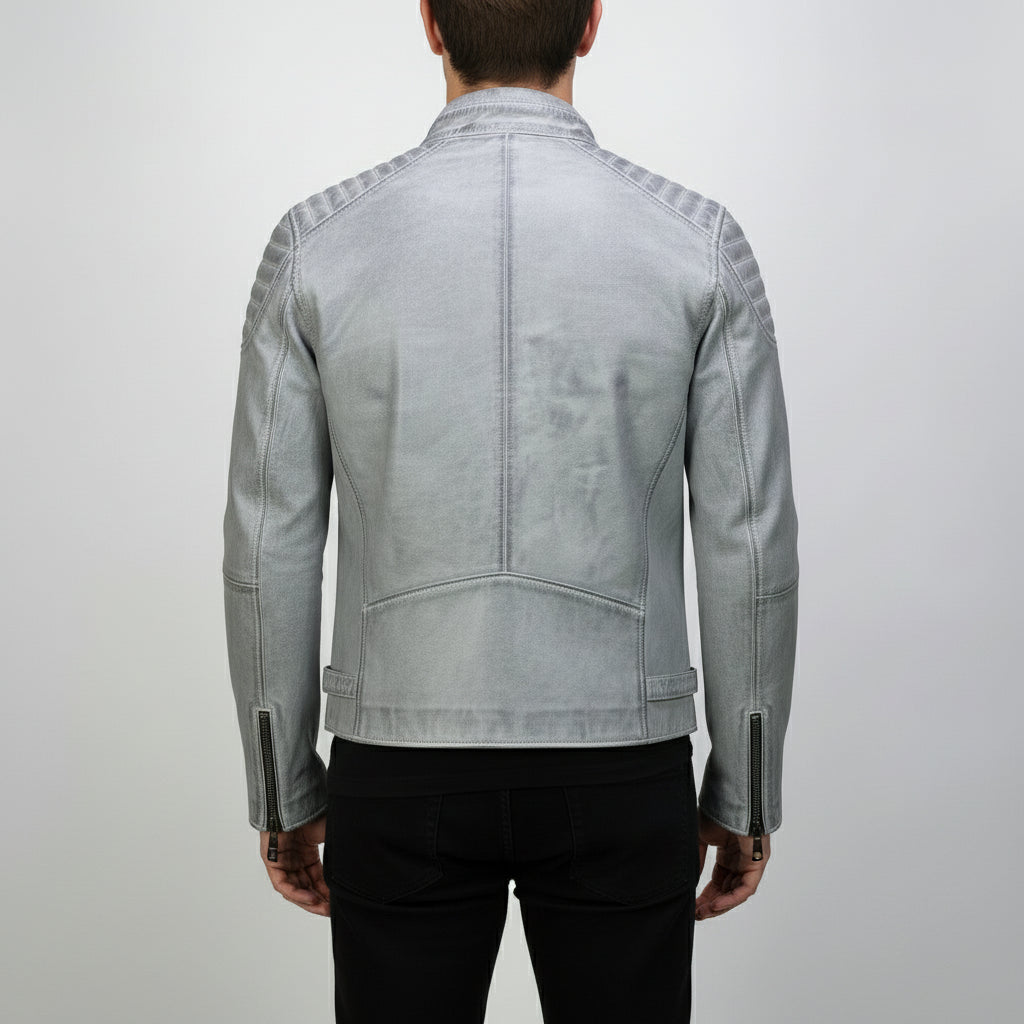 Men's Light Grey Antique Wash Leather Biker Jacket