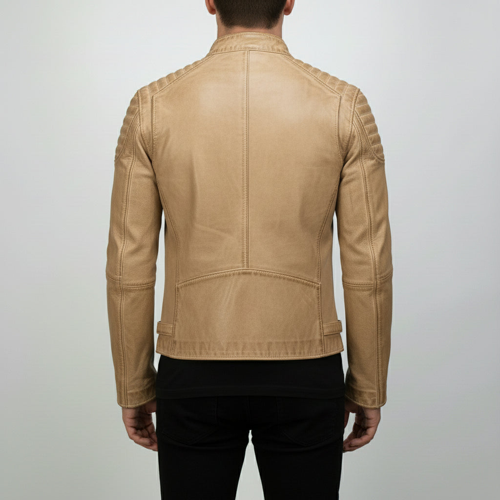 Men's Tan Antique Wash Leather Biker Jacket