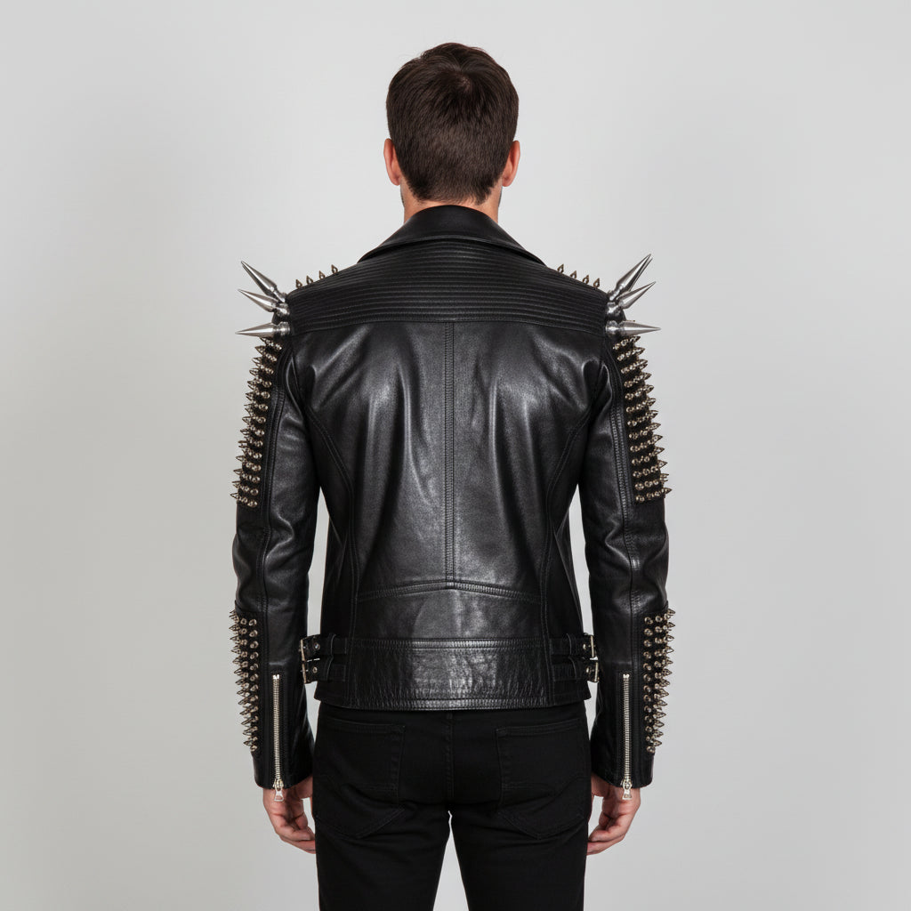 Men's Black Silver Studded Leather Biker Jacket