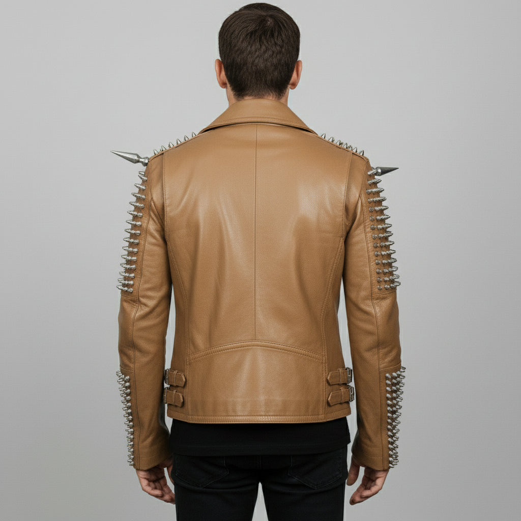Men's Tan Silver Studded Leather Biker Jacket