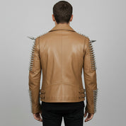 Men's Tan Silver Studded Leather Biker Jacket