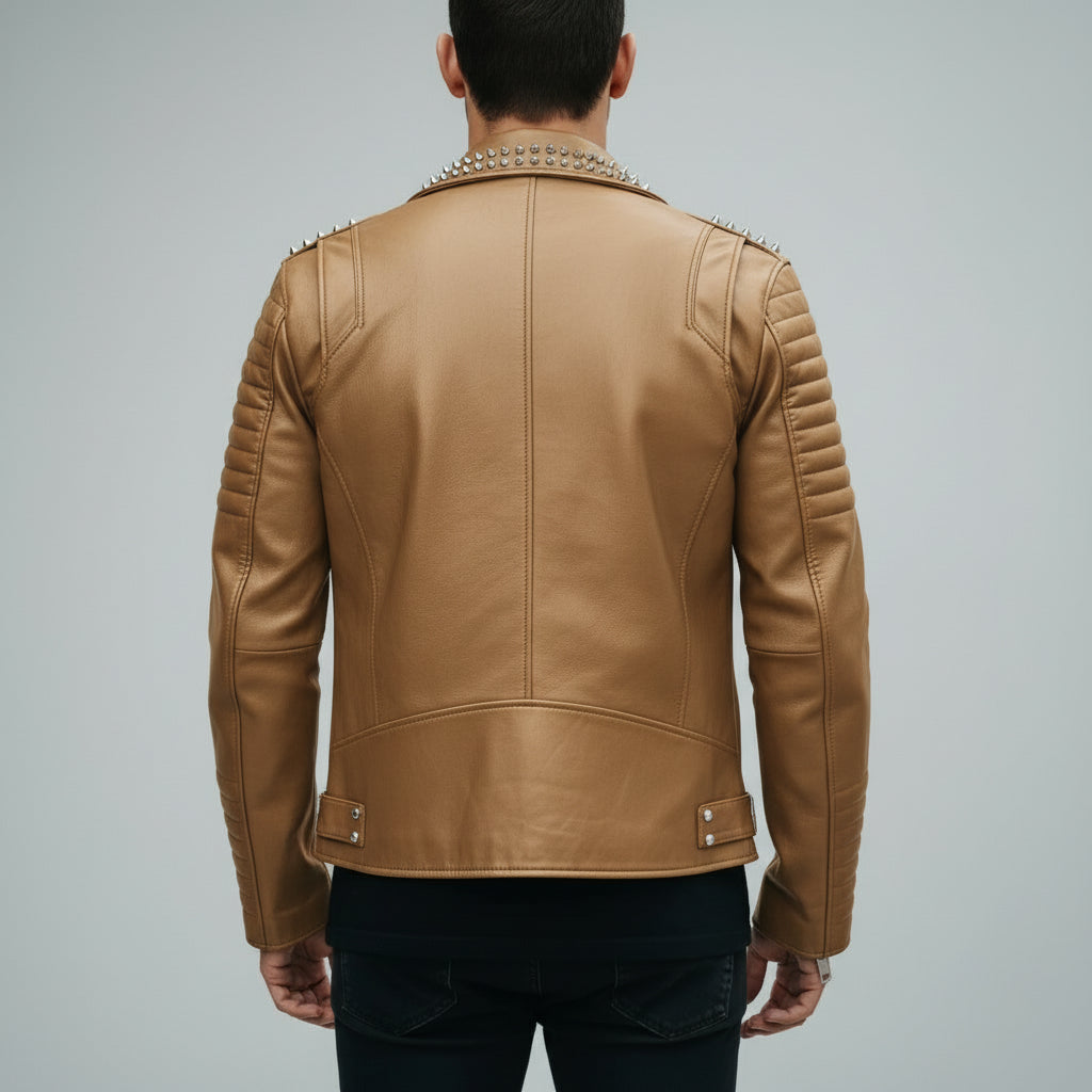 Men's Tan Studded Leather Biker Jacket