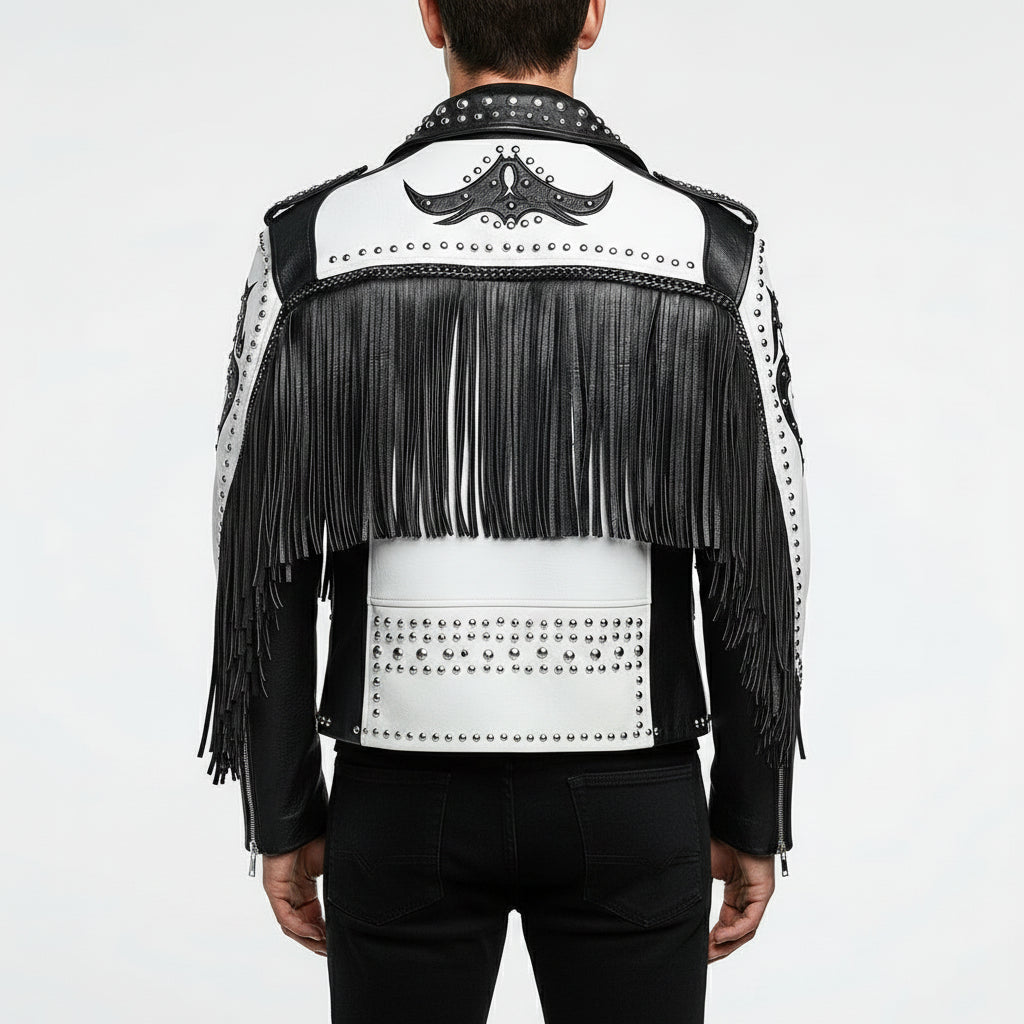 Men's Black and White Studded Leather Biker Jacket