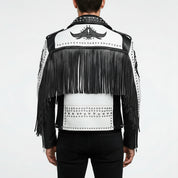 Men's Black and White Studded Leather Biker Jacket