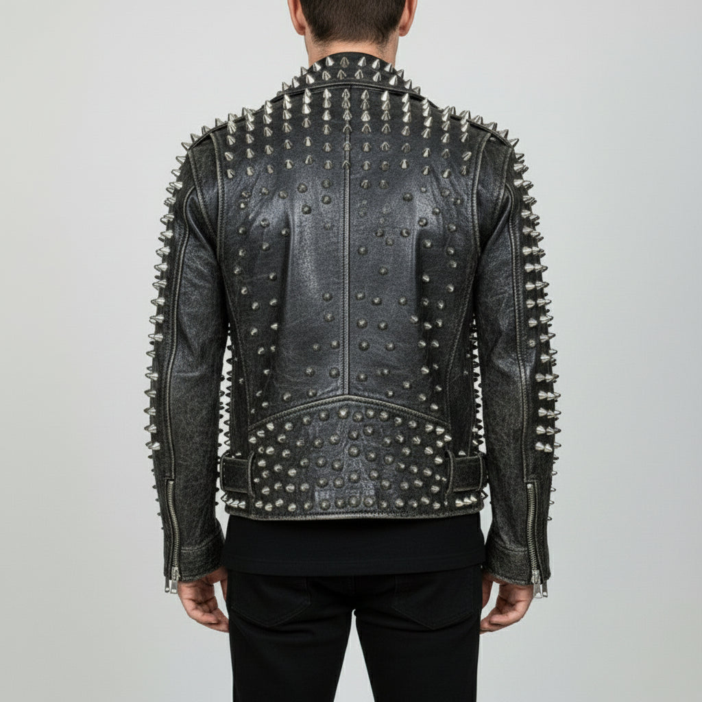 Men's Black Silver Studded Leather Biker Jacket