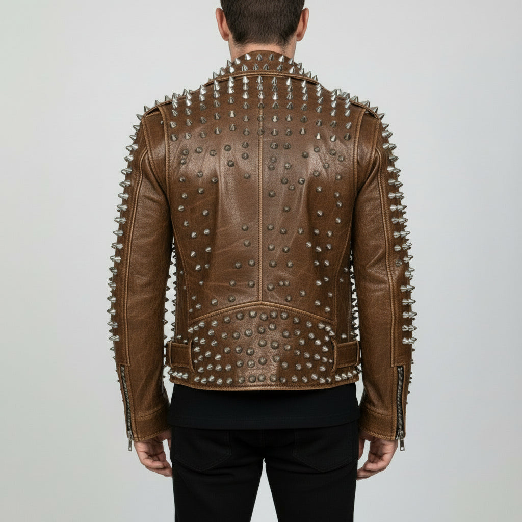 Men's Brown Silver Studded Leather Biker Jacket