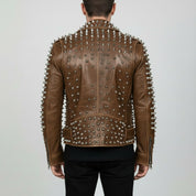 Men's Brown Silver Studded Leather Biker Jacket