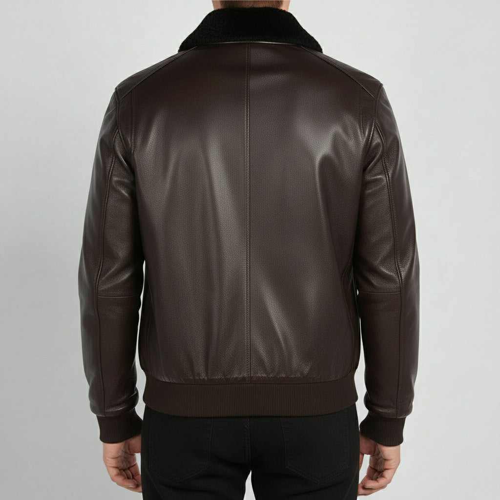 Men's Brown and Black Leather Bomber Jacket