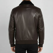 Men's Brown and Black Leather Bomber Jacket