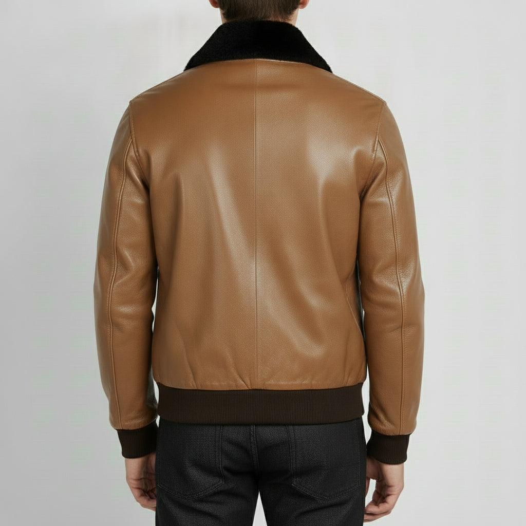 Men's Brown and Tan Leather Bomber Jacket