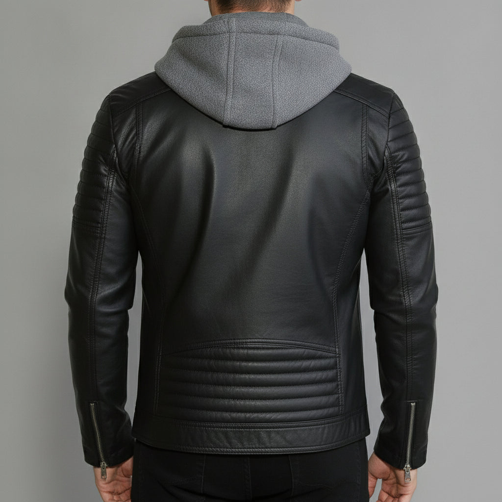 Men's Black and Grey Hooded Leather Biker Jacket
