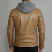 Men's Tan and Grey Hooded Leather Biker Jacket
