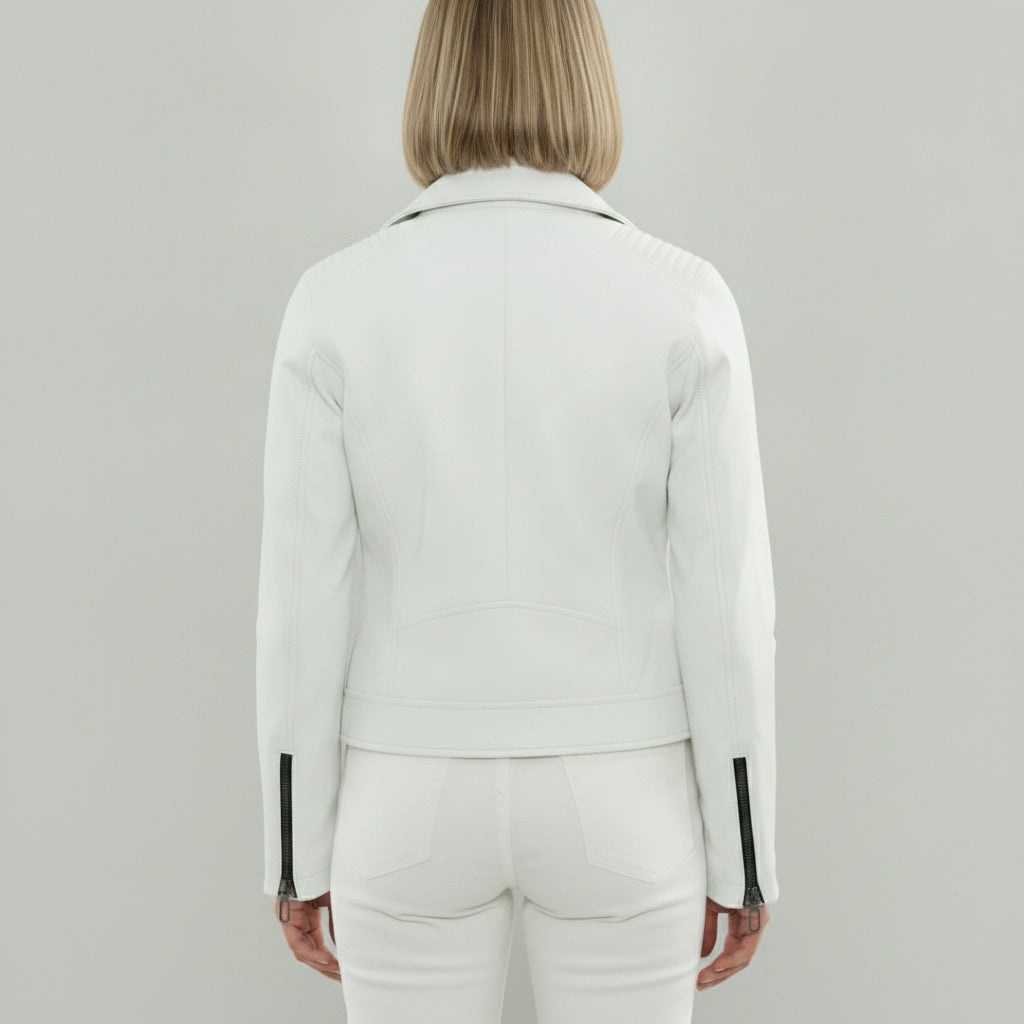 Women's White Leather Biker Jacket