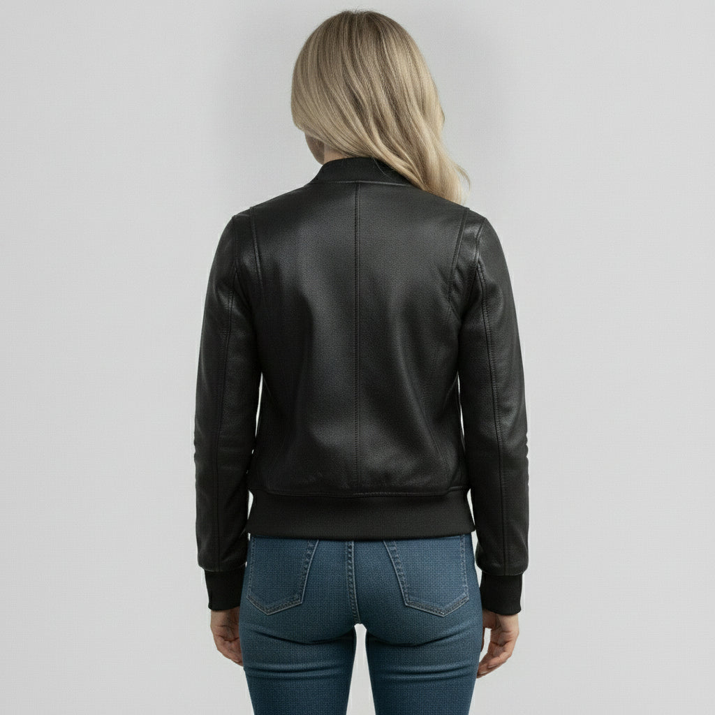 Women's Black Diamond-Embossed Leather Bomber Jacket