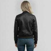 Women's Black Diamond-Embossed Leather Bomber Jacket