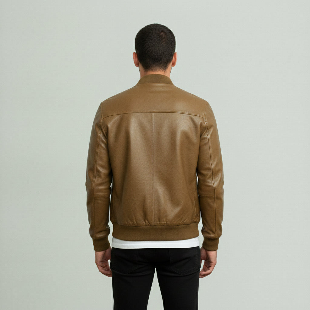 Men's Tan Leather Bomber Jacket