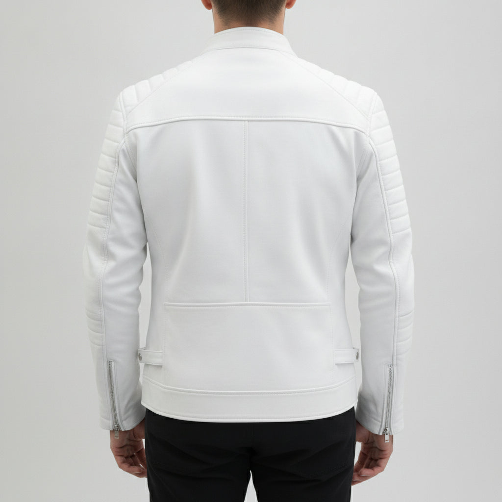 Men's White Leather Biker Jacket