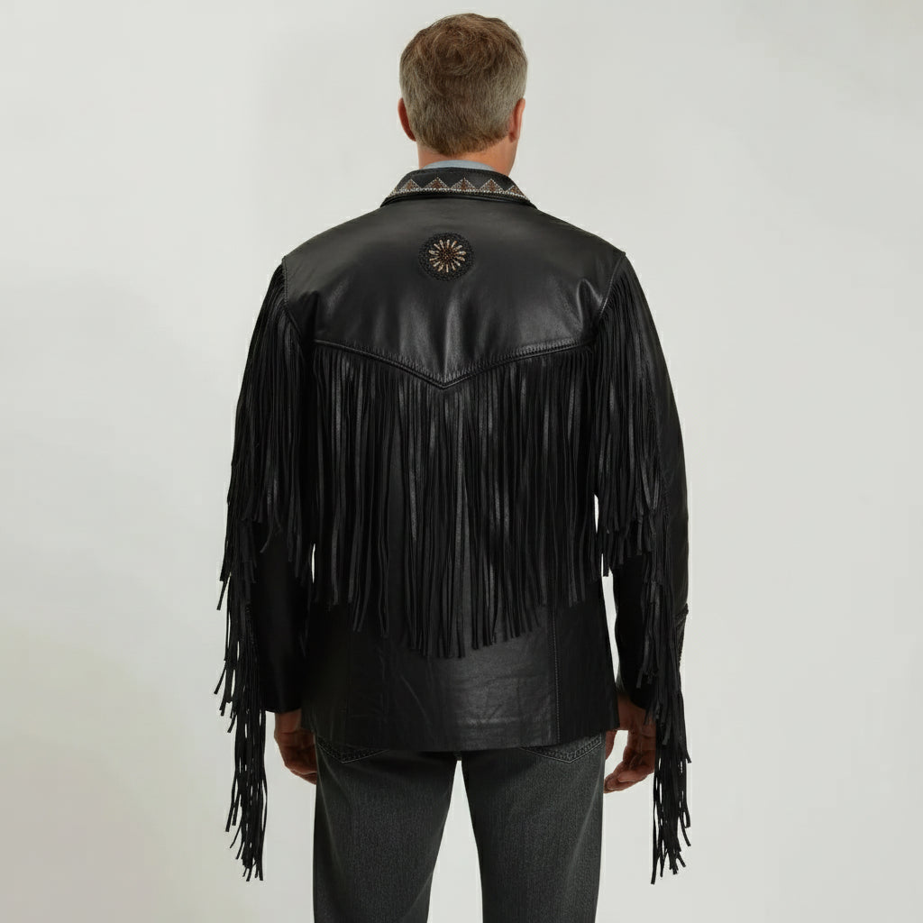 Men's Black Fringe Leather Biker Jacket