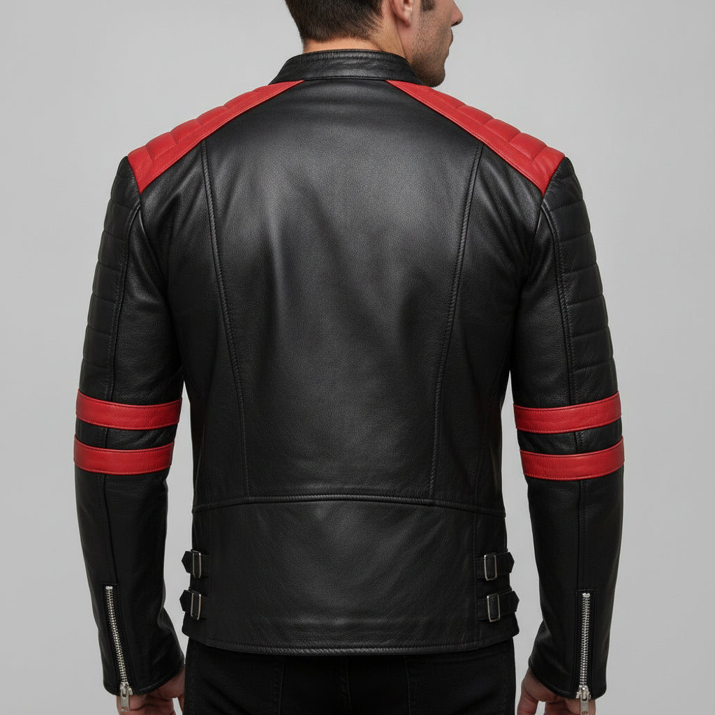 Men's Black and Red Leather Biker Jacket
