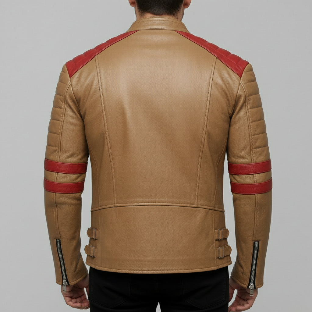 Men's Tan and Red Leather Biker Jacket