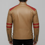 Men's Tan and Red Leather Biker Jacket