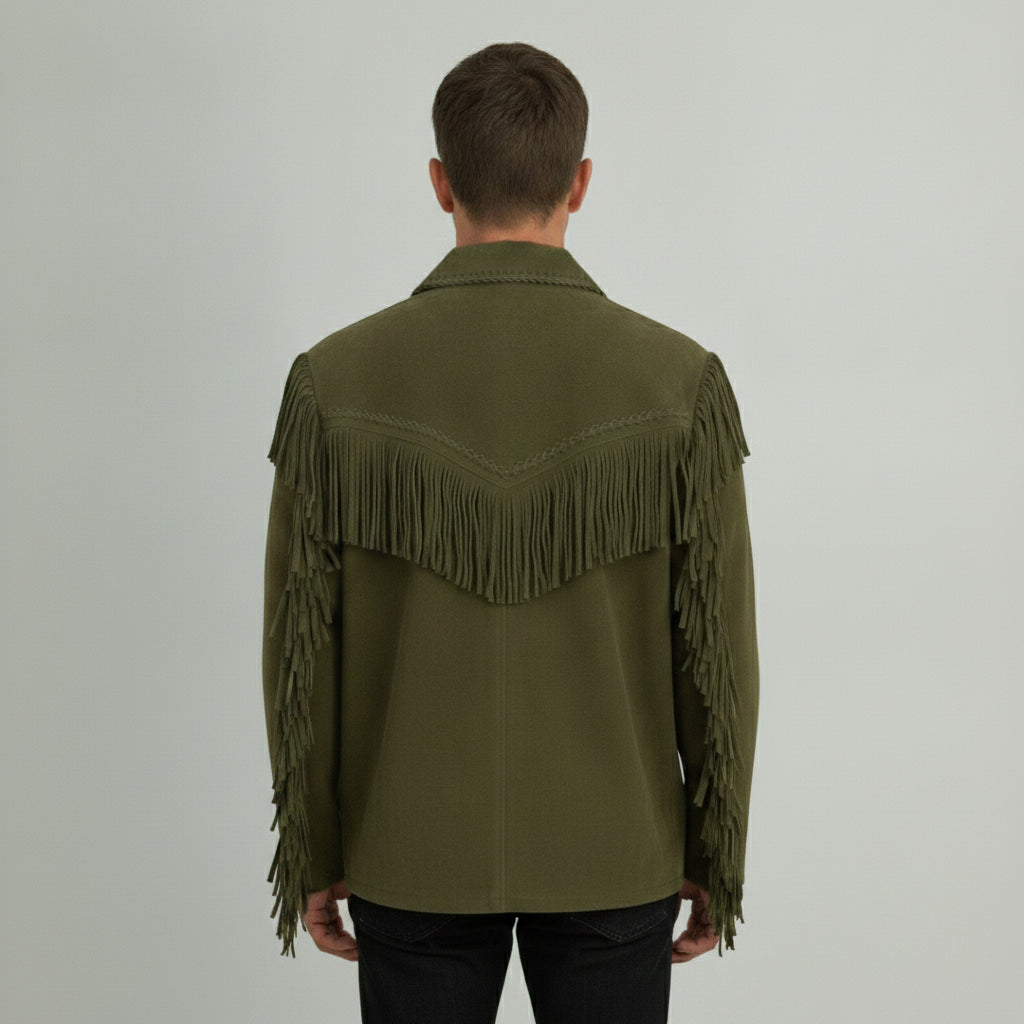 Men's Olive Green Fringed Suede Jacket