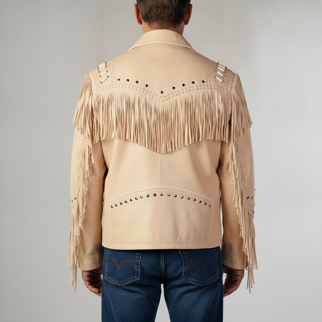 Men's Beige Fringe Leather Biker Jacket