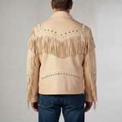 Men's Beige Fringe Leather Biker Jacket