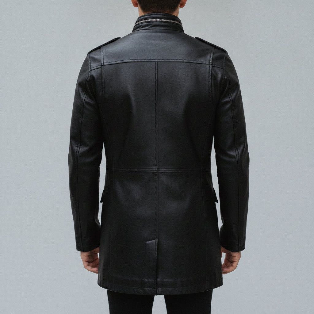 Men's Black Leather Long Jacket