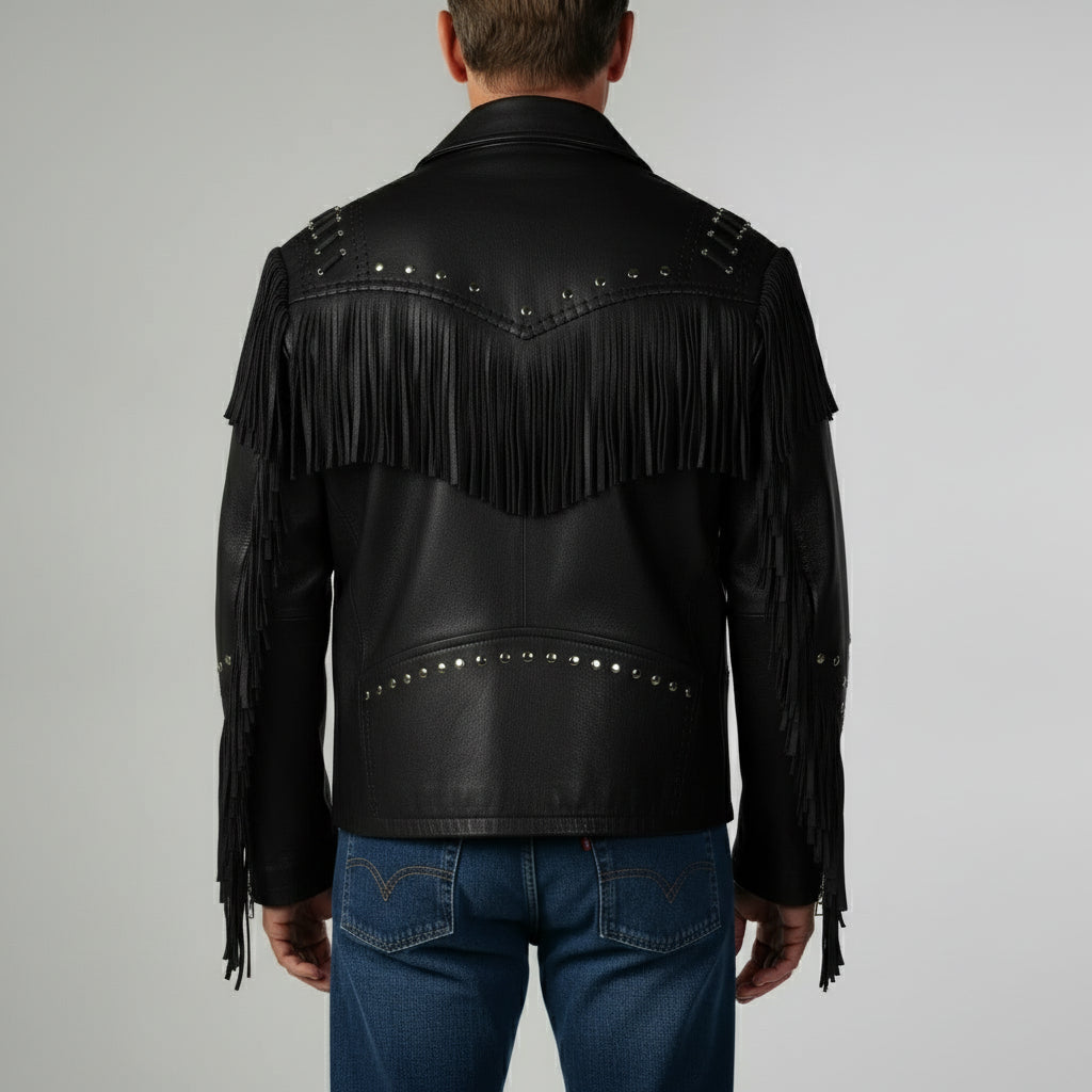 Men's Black Fringe Leather Biker Jacket