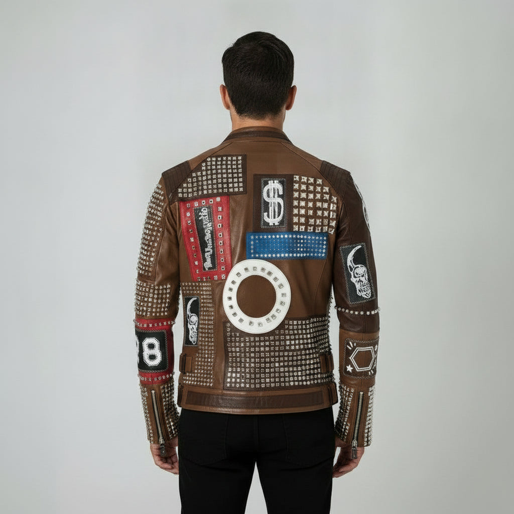 Men's Brown Diamond Studded Leather Biker Jacket