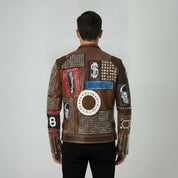 Men's Brown Diamond Studded Leather Biker Jacket
