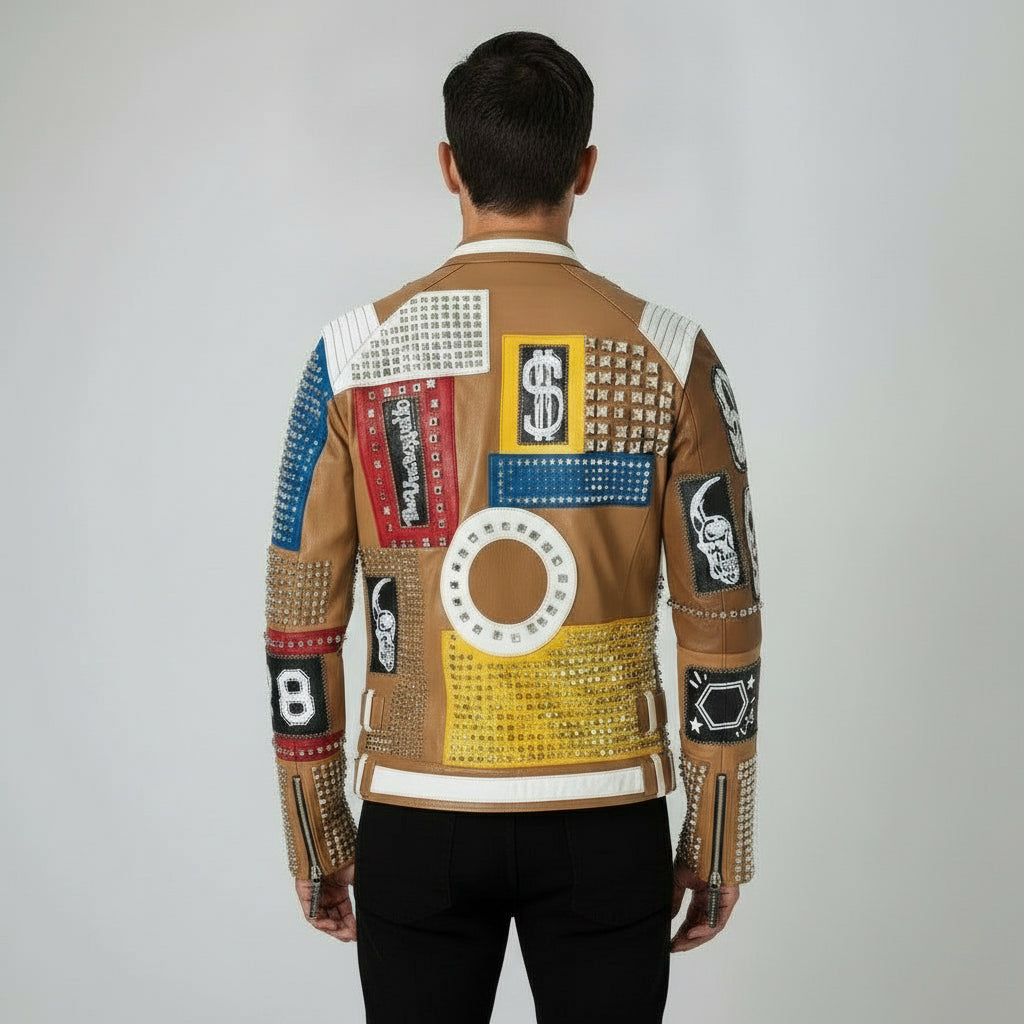 Men's Tan Diamond Studded Leather Biker Jacket With Multicolor Patches Detail
