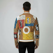 Men's Tan Diamond Studded Leather Biker Jacket With Multicolor Patches Detail