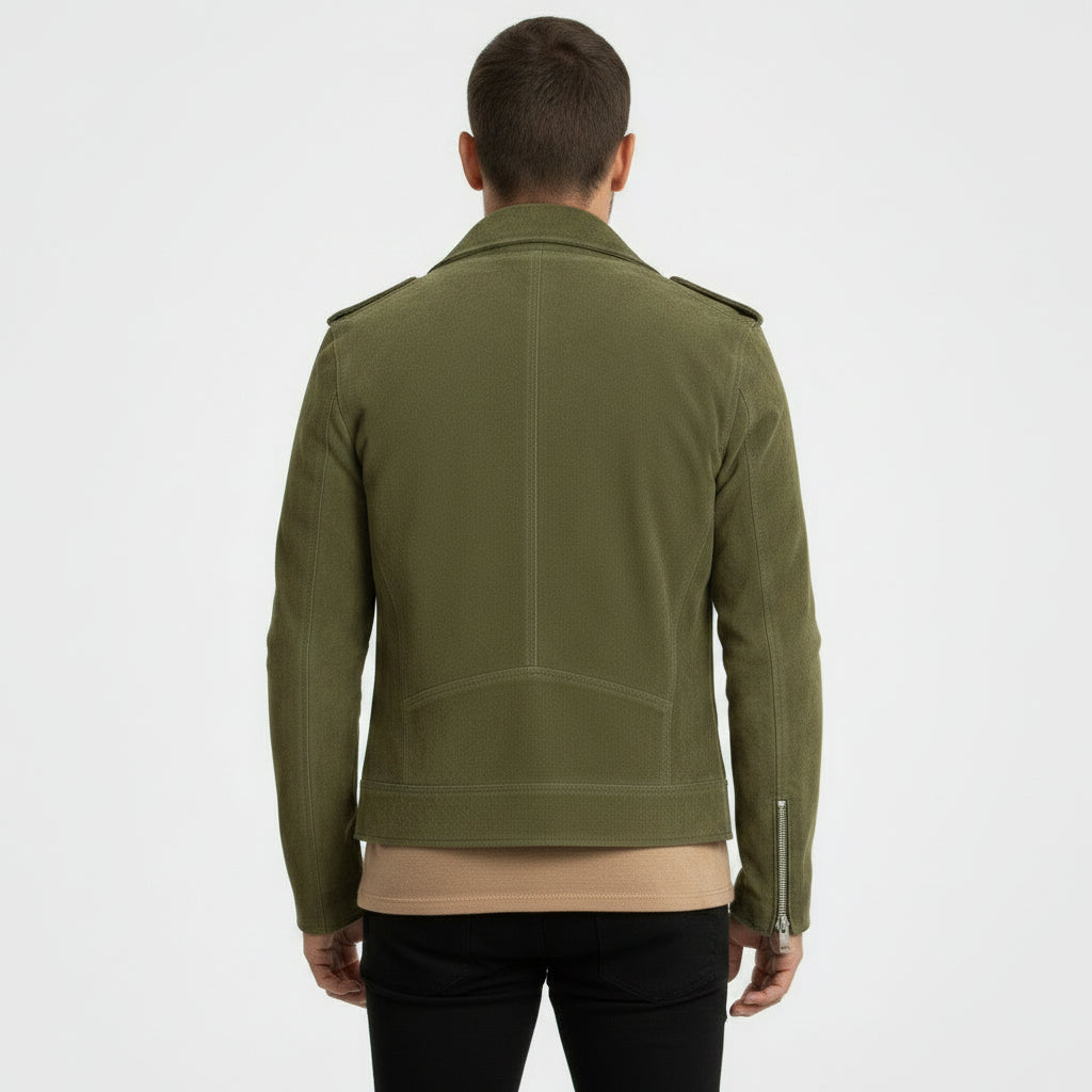 Men's Olive Green Suede Biker Jacket