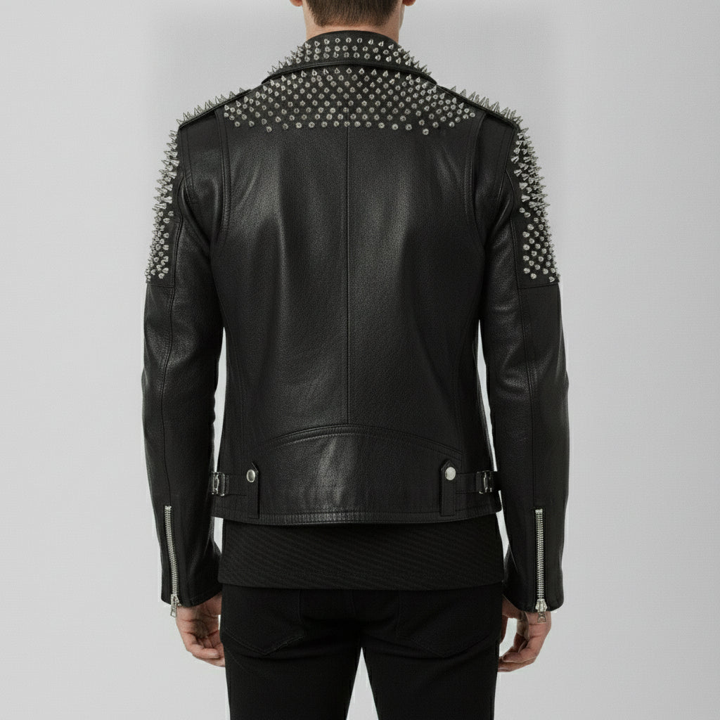 Men's Black Silver Studded Leather Biker Jacket