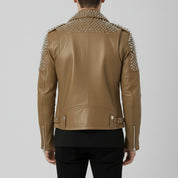 Men's Tan Silver Studded Leather Biker Jacket