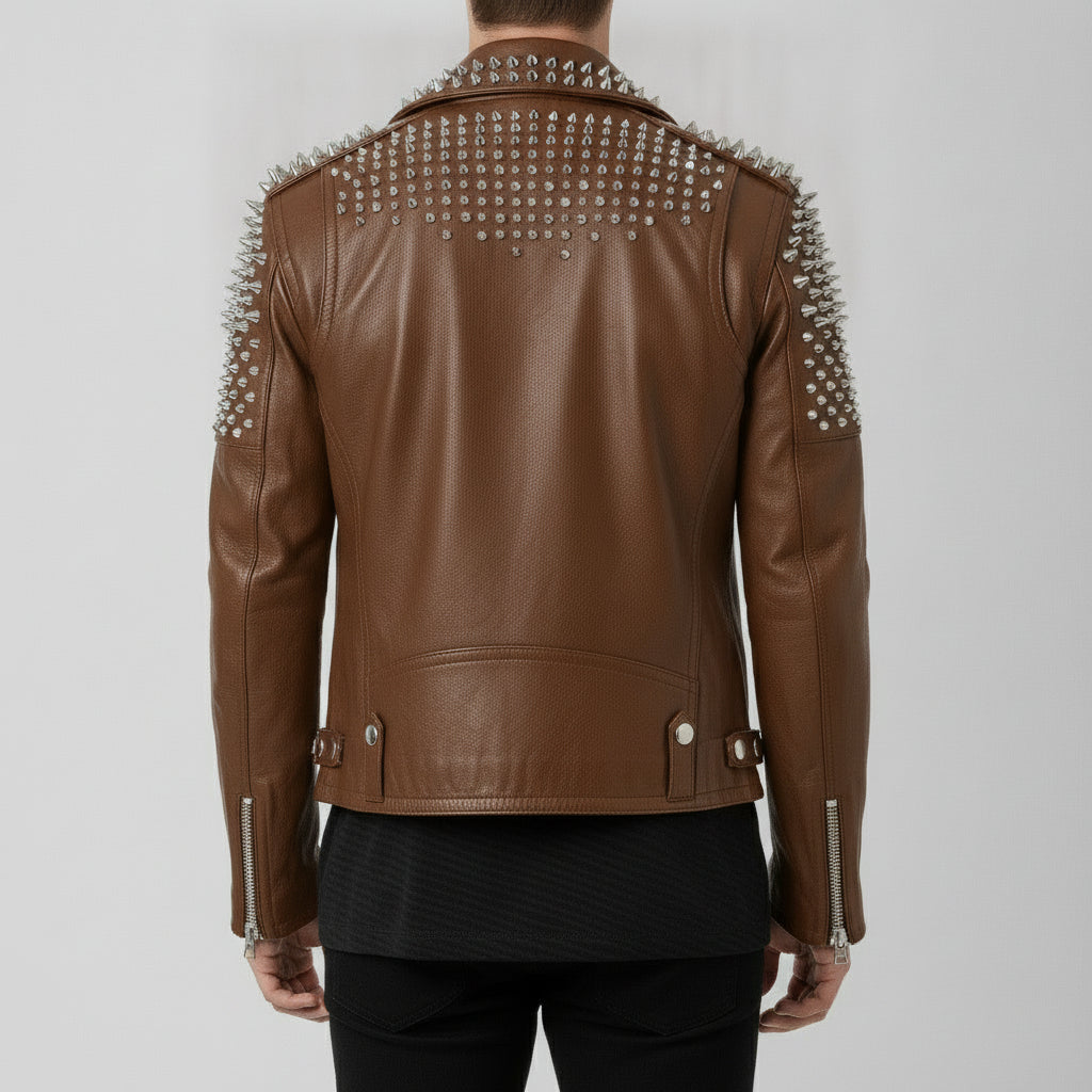 Men's Brown Silver Studded Leather Biker Jacket