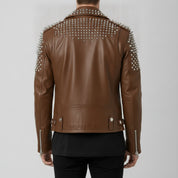 Men's Brown Silver Studded Leather Biker Jacket